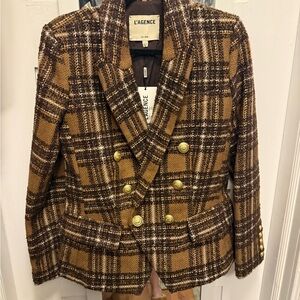 L'AGENCE Brooke Women's Double-Breasted Plaid Tweed Blazer - Brown NWT size 4